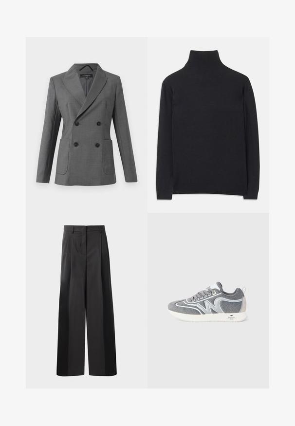 Dviejų eilių pilkas švarkas su plačiomis atvartais, keturiais juodais mygtukais, dviem priekinėmis kišenėmis ir ilgomis rankovėmis, pristatytas ant balto fono.; Juodas golfas, pagamintas iš minkštos medžiagos. Jis turi ilgomis rankovėmis, aukštu kaklu ir šonkauliniais rankogaliais bei apvadu, suteikiančiais prigludusį įvaizdį.; Juodos plačios kelnės su aukštu liemeniu, su priekinėmis raukšlėmis, glotnia tekstūra ir pritaikytu apdailos stiliumi. Sukurtos laisvam sėdėjimui.; Pilkas ir baltas žemas sportinis batas su raišteliais, šone yra "W" dizainas, o baltoje padangoje ant kulno yra prekės ženklo "Weekend Max Mara".