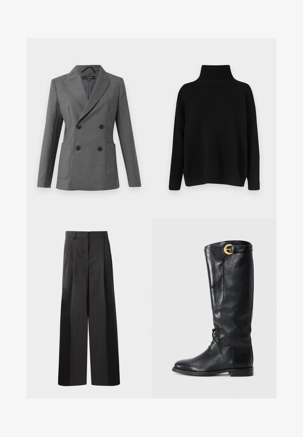 Double-breasted grey blazer with wide lapels, four black buttons, two front patch pockets, and long sleeves, displayed on a white background.; Black knitted sweater with a high ribbed collar, dropped shoulders, and a relaxed fit. Features ribbed cuffs and hem for texture.; Black wide-leg trousers with a high waist, featuring front pleats, a smooth texture, and a tailored finish. Designed for a relaxed fit.; Black leather knee-high boot with a rounded toe, lace-up front, side detail, and a gold accent buckle at the top. Smooth texture.