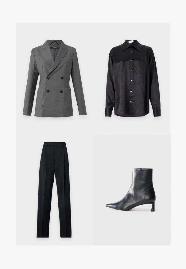 Šedé dvouřadé sako s širokými klopami, čtyřmi černými knoflíky, dvěma předními náprsními kapsami a dlouhými rukávy, vystavené na bílém pozadí.; Černá košile s dlouhým rukávem a límečkem, s jakostní texturou, plně zapínací, s manžetami. Vyrobena z hladkého materiálu.; Černé kalhoty vyrobené z hladké tkaniny, vybavené vysokým pasem, širokými nohavicemi, předními záhyby a klasickými poutky na opasek. Nejsou viditelné boční kapsy.; Černé kožené kotníkové boty s špičatou špičkou a elegantním designem. Mají nízký podpatek a zipové zapínání na zadní straně. Hladká textura.