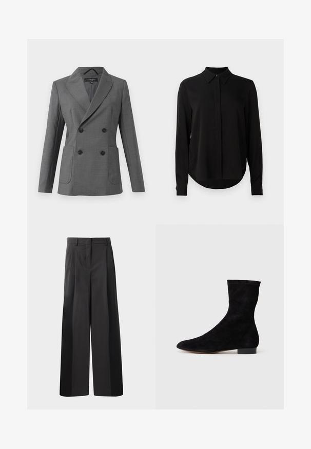 Dviejų eilių pilkas švarkas su plačiomis atvartais, keturiais juodais mygtukais, dviem priekinėmis kišenėmis ir ilgomis rankovėmis, pristatytas ant balto fono.; Juoda ilgomis rankovėmis blusa su smailiu apykakle, paslėptu mygtukų užsegimu ir kreivu hemu ant vientiso balto fono.; Juodos plačios kelnės su aukštu liemeniu, su priekinėmis raukšlėmis, glotnia tekstūra ir pritaikytu apdailos stiliumi. Sukurtos laisvam sėdėjimui.; Juoda zomšo kulkšnė su prigludusia ašimi, smailiu pirštu ir žemu bloku. Lygus paviršius ir minimalistiškas dizainas, tinkantis įvairiems stiliams.