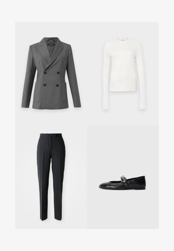 Sivo dvostruko zatvoreno blejzer s širokim reverima, četiri crna gumba, dva prednja patentna džepa i dugim rukavima, prikazan na bijeloj pozadini.; Bijela majica dugih rukava izrađena od mekanog pamuka. Ima okrugli izrez, tijesan kroj i glatku teksturu. Bez uzoraka ili naglasaka.; Crne krojene hlače ravnog kroja s visokim strukom i prednjim nabranim detaljima, prikazane na jednostavnoj svijetloj pozadini.; Crne kožne baletanke s špicastim nosom, s remenom s okruglom metalnom kopčom i ravnim potplatom.