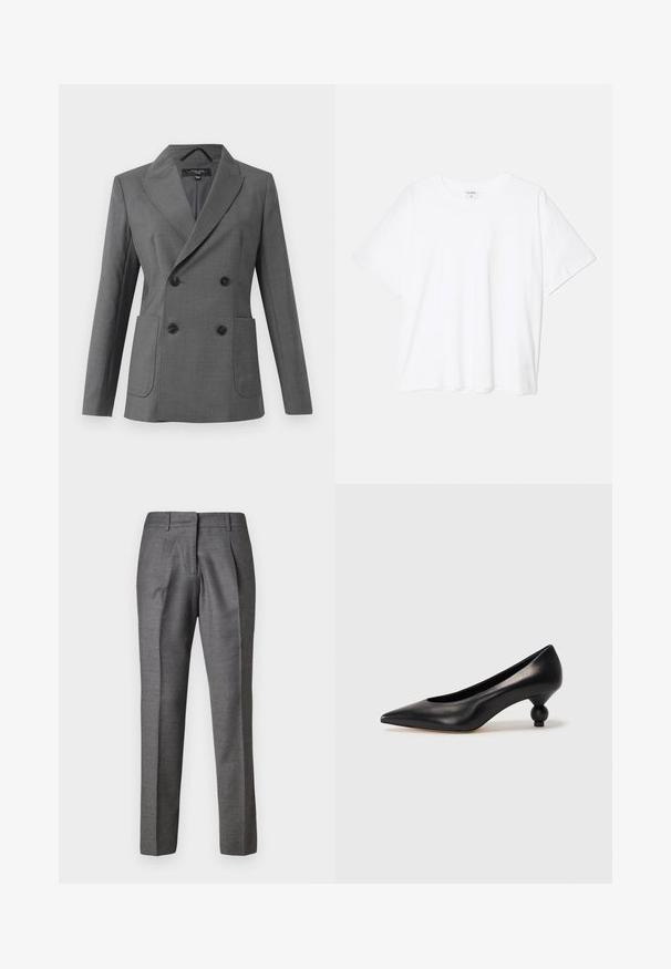Dviejų eilių pilkas švarkas su plačiomis atvartais, keturiais juodais mygtukais, dviem priekinėmis kišenėmis ir ilgomis rankovėmis, pristatytas ant balto fono.; Balta medvilnės marškinėliai trumpomis rankovėmis, apvalia iškirpte, laisvo kirpimo ir su siūtu kraštu. Etiketė matoma vidinėje iškirptės pusėje.; Pilkos pritaikytos kelnės su lygiu paviršiumi, dviem priekinėmis klostėmis ir liekna siluetu. Turi standartinį juosmens diržą ir tiesios kirpimo kojas.; Juoda odinė aukštakulnė bateliai su smailiu pirštu ir apvaliu, iškiliu kulnu. Lygus paviršius su elegantišku, minimalistiniu dizainu.
