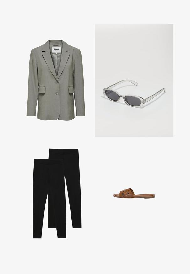 Šedý blazer s hladkým, strukturovaným povrchem. Výstřih s klopami, zapínání na dva knoflíky a klopové kapsy. Podšívka pro zvýšení komfortu.; Dvě hladké trubkové šály: jedna černá a jedna bílá. Obě jsou vyrobené z měkké, elastické látky a mají hladký povrch bez vzorů.; Černé legíny vyrobené z elastického materiálu, s bezešvým pasem a slim fit designem, vhodné pro každodenní nošení nebo cvičení.; Hnědé kožené skluzné sandály s kříženými pásky, plochou podrážkou a hladkým povrchem. Jednoduchý design bez ozdob a vzorů.; Sluneční brýle s oválným tvarem, průhledným plastovým rámem, tmavě šedými skly a tenkými průhlednými stranami s akcenty loga a minimálními detaily.