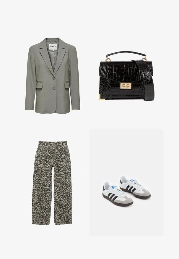 Blazer grigio con una finitura liscia e strutturata. Rever a scatto, chiusura a due bottoni e tasche a falda. Interno foderato per un maggiore comfort.; Tessuto di cotone nero con una texture liscia e scollatura rotonda, caratterizzato da un motivo a grana sottile e uniforme. Nessun logo o accento visibile.; Pantaloni a gamba larga con stampa leopardata in una combinazione di colori beige e nera neutra. Presentano un'alta vita, cinque tasche e chiusura con bottone.; Scarpe sportive con tomaia in pelle bianca, punta in suede grigia e tre strisce nere. Presentano un logo blu sulla linguetta e una suola in gomma testurizzata.; Borsa a tracolla nera in pelle verniciata con texture a coccodrillo, hardware dorato, manico superiore e una tracolla removibile. Forma rettangolare con chiusura a patta.