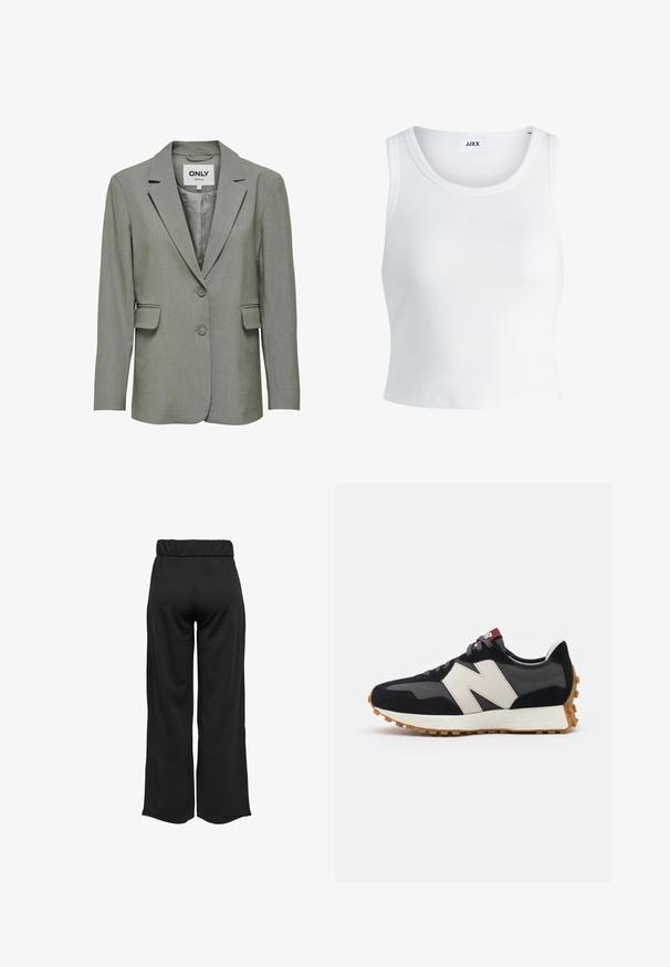 Szürke blézer sima, textúrált felülettel. Nadrágkialakítás, kétgombos zárás, és rakott zsebek. Bélelt belső a kényelmes viseletért.; Fehér bordás ujjatlan top, kerek nyakkivágással és rövid hosszal. A címke szerint "JJXX". Sima szövettextúra.; Fekete, bővülő szárú nadrág, elasztikus derékkal, sima anyagból készült. Tiszta dizájn jellemzi, zsebek és látható varrási részletek nélkül.; Fekete és szürke velúr sportcipő nagy krémszínű "N" logóval, lila fűzőkkel és texturált gumi talppal.