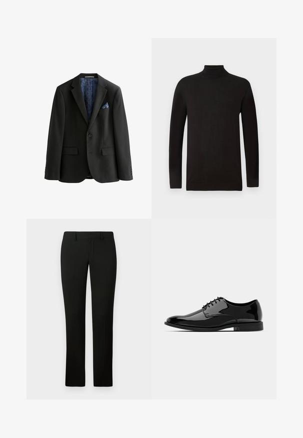 Sacou negru cu un singur nasture, două buzunare frontale și o căptușeală albastră cu model. Include un batiste albastră și are o croială ajustată.; Pulover negru cu guler înalt dintr-o țesătură moale. Prezintă mâneci lungi și un design ajustat, cu un guler și un tiv cu benzi. Branding minim.; Pantaloni negri cu croială ajustată, având o textură netedă și un design cu picioare drepte. Talie cu bucle pentru curea și o finisare curată.; Pantofii din piele lacuită neagră, cu vârful rotund, design cu șireturi și suprafață netedă, strălucitoare. Au o talpă din cauciuc cu profil jos.