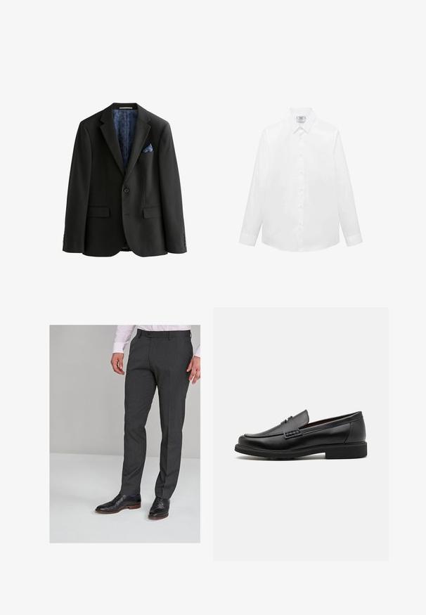 Zwarte blazer met een enkele knoop, twee voorzakken en een gestreepte blauwe voering. Inclusief een blauwe zakdoek en een getailleerde pasvorm.; Witte langlopende shirt met lange mouwen, gemaakt van gladde stof, met een klassieke kraag, knoopsluiting en een gebogen zoom. Minimalistisch ontwerp zonder patronen.; Grijze op maat gemaakte broeken met een gladde textuur, voorzien van een vlakke voorkant en riemlussen, gecombineerd met zwarte dresschoenen.; Zwarte synthetische loafers met een opvallende gestikte voorkant, gevoerde binnenzool en platte rubberen buitenzool; slank ontwerp met minimale details.