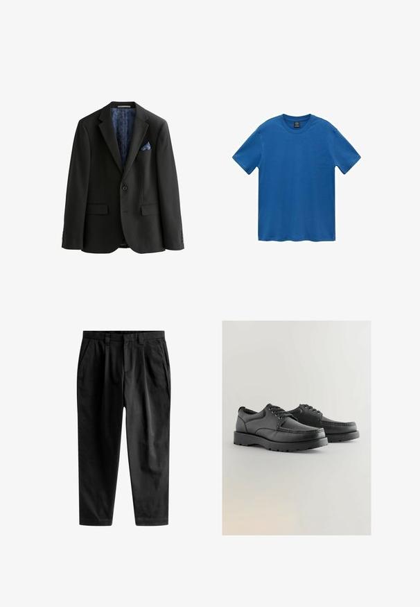 Black blazer with a single button, two front pockets, and a patterned blue lining. Includes a blue pocket square and tailored fit.; Blue cotton t-shirt, short sleeves, crew neck, solid color, smooth texture, straight hem, no patterns or embellishments.; Black trousers made of smooth fabric, featuring a tailored fit, front pleats, and a classic waistband with belt loops.; Black leather shoes with textured upper, round toe, lace-up design, and thick rubber soles featuring a tread pattern.