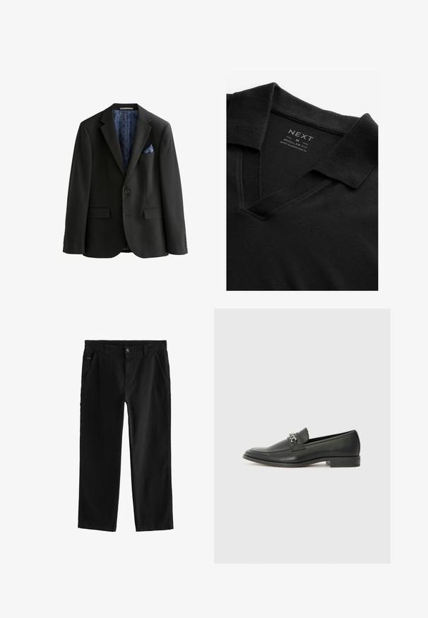 Čierny blazer s jedným gombíkom, dvoma prednými vreckami a vzorovanou modrou podšívkou. Obsahuje modrý vreckový štvorec a priliehavý strih.; Čierne polo tričko s výstrihom do V a textúrovanou tkaninou. Obsahuje preložený golier a štítok s informáciami o značke a veľkosti. Štandardný strih.; Čierne bavlnené nohavice so striha priamych nohavíc, s predným zapínaním na gombík, šikmými bočnými vreckami a jemnými detailmi šitia.; Čierne kožené loafers s hladkým povrchom, s prešitým dizajnom a dekoratívnym kovovým reťazovým akcentom cez priehlavok. Plochý podpätok.
