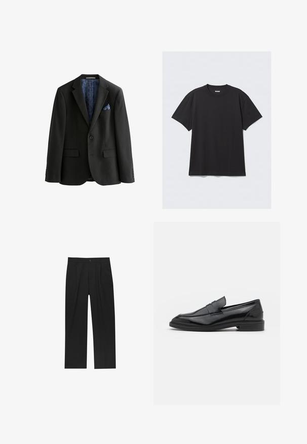 Svart blazer med en enda knapp, två framfickor och ett mönstrat blått foder. Inkluderar en blå fickkvadrat och en skräddarsydd passform.; Svart t-shirt med korta ärmar, tillverkad av bomull. Har en rund halsringning och en avslappnad passform. Enkel design utan mönster eller synliga detaljer.; Svarta byxor med rak ben-design, tillverkade av ett jämnt tyg. Har framfickor och en enkel knapplåsning i midjan.; Svarta läderloafers med en slät finish, med rund tå och en smal rem över framsidan. Låg klack.