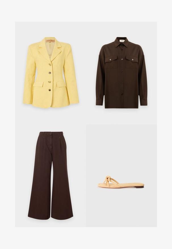 Yellow patterned blazer with a notched collar, single-breasted design, three front pockets, and gold-tone buttons. Smooth fabric texture.; Dark brown long-sleeve button-up shirt with two flap chest pockets and a classic collar, displayed against a plain white background.; High-waist wide-leg brown pants with button and zipper closure, belt loops, and front pleats.; Yellow woven flat sandal featuring two crisscross straps, a knotted detail at the front, and a low, brown sole.