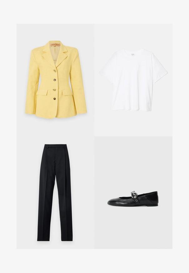 Yellow patterned blazer with a notched collar, single-breasted design, three front pockets, and gold-tone buttons. Smooth fabric texture.; White cotton t-shirt with short sleeves, round neckline, relaxed fit, and stitched hem. Label visible on the inside neck.; Black trousers made from smooth fabric featuring a high waist, wide legs, front pleats, and classic belt loops. No side pockets visible.; Black leather ballet flats with a pointed toe, featuring a strap with a circular metallic buckle and a flat sole.