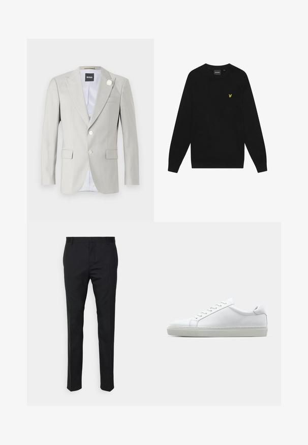 Vaaleanharmaa bleiseri, jossa on terävät läpät, kahden napin sulkeminen, sivutaskut ja koristeellinen valkoinen kukka koristena läpässä. Vuorattu sisus.; Mustat puuvillaiset collegepaidat, joissa on pitkät hihat ja pyöreä kaula-aukko. Rintamuksessa pieni keltainen kotka-logo. Pehmeä rakenne.; Mustat räätälöidyt housut suoran leikkauksen omaavina, valmistettu sileästä kankaasta. Ominaisuuksia ovat vyölenkit ja taitteet etuosassa.; Valkoinen tennari, jossa on sileä nahkapäällinen ja matala profiili. Ominaisuuksiin kuuluu pyöreä kärki, kuusi rei'itystä ja teksturoitu kumipohja.