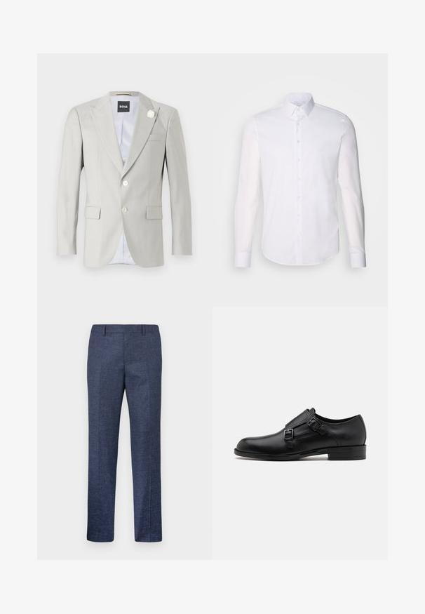 Svetlo siva blazer jakna s vrhunskim reverjem, zapiranjem na dva gumbka, stranskimi žepi in dekorativnim belim cvetnim akcentom na reverju. Podložena notranjost.; Bela srajca z dolgimi rokavi in gumbom, izdelana iz bombaža, z klasičnim ovratnikom, sprednjimi gumbi in minimalnimi šivi.; Temno modri hlače iz teksturiranega blaga, s pravimi nogami, ravnim sprednjim delom in dvema stranskima žepoma. Brez vidnih vzorcev ali akcentov.; Črne usnjene oblečne čevlje z dvema sponkama, elegantna silhueta in okrogla nos. Imajo nizek peto in gladko teksturo.