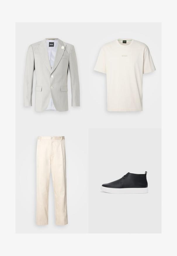 Blazer gris clair avec revers en pointe, fermeture à deux boutons, poches latérales et accent décoratif en fleur blanche sur le revers. Intérieur doublé.; BOSS TEE - T-shirt basique - open white; Pantalon en coton beige avec une coupe droite, présentant une fermeture à bouton et des plis sur le devant pour plus de détails.; Baskets montantes en cuir noir au fini lisse, semelle en caoutchouc blanc et design simple à lacets. Comprend une languette à l'arrière.