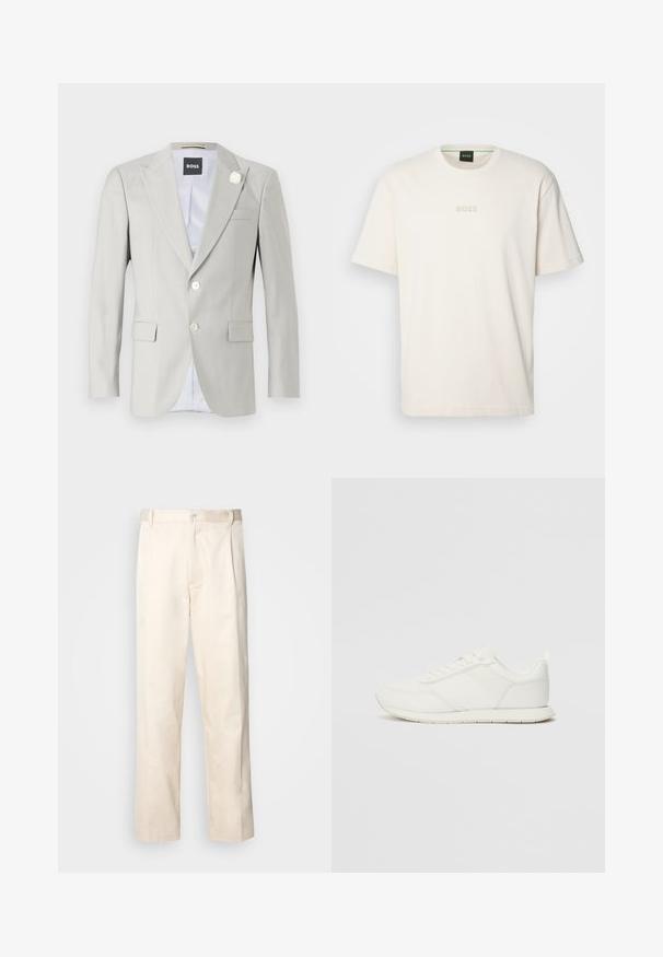 Ανοιχτό γκρίζο σακάκι με αιχμηρές πατιλέτες, δύο κουμπιά, πλάγιες τσέπες και διακοσμητική άσπρη λουλούδι στην πατιλέτα. Επενδεδυμένο εσωτερικό.; BOSS TEE - Βασικό μπλουζάκι - open white; Μπεζ βαμβακερό παντελόνι με ίσια γραμμή, διαθέτει κουμπί κλεισίματος και πτυχές στο μπροστινό μέρος για επιπλέον λεπτομέρεια.; Λευκό αθλητικό παπούτσι με επάνω μέρος από πλέγμα και συνθετικό υλικό, στρογγυλή μύτη, επίπεδους κορδόνια και υφή στη λωρίδα στο πλάι. Καουτσούκ σόλα με λαβή στο πίσω μέρος.