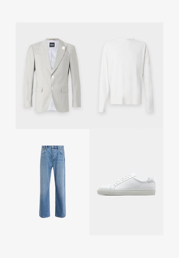 Lichtgrijze blazer met pieklapels, sluiting met twee knopen, zijzakken en een decoratieve witte bloemenaccent op de kraag. Gevoerd interieur.; Witte katoenen blouse met lange mouwen en een ronde halslijn, met zijsplitten aan de onderkant en een gladde textuur, vanuit de achterkant weergegeven.; Lichtblauwe denim jeans met een straight-leg ontwerp, vijf zakken, knoopsluiting, minimale vervaging en contrasterende stikseldetails.; Witte sneaker met een gladlederen bovenwerk en een laag profiel. Voorzien van een ronde neus, zes vetergaatjes en een gestructureerde rubberen zool.