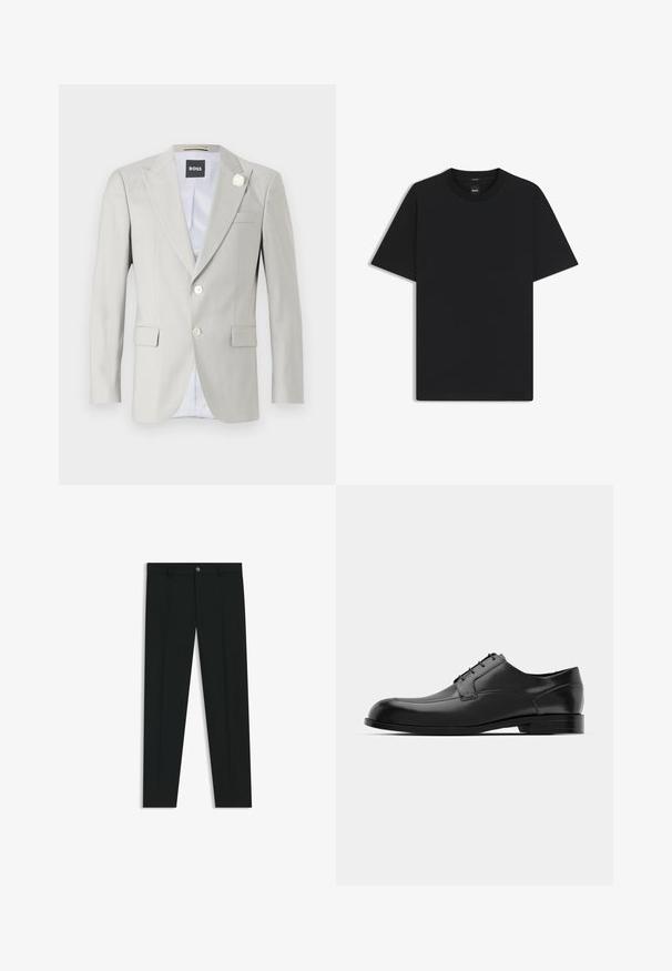 Hellgrauer Blazer mit Spitzrevers, zweiknopfigem Verschluss, Seitentaschen und dekorativem weißen Blumenakzent am Revers. Gefüttertes Inneres.; Schwarz T-Shirt mit kurzen Ärmeln aus einem glatten Baumwollmix, mit Rundhalsausschnitt und einem minimalistischen Design ohne Muster oder Akzente.; Schwarze Anzughosen mit geradem Bein, aus glattem Stoff. Mit Knopfverschluss vorne und Gürtelschlaufen. Schlicht ohne Muster.; Schwarze Leder-Dressschuhe mit einer runden Zehenpartie, glatter Oberfläche, minimalen Nähten und flacher Sohle mit dezentem Branding an der Ferse.