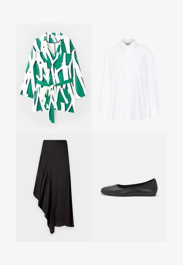 Gombos ing hosszú ujjakkal, absztrakt zöld és sötétkék minta fehér alapon, derékpánttal és két mellzsebbel.; Fehér, hosszú ujjú, galléros ing, amely pamutból készült. Gombos elülső része és egyetlen mellzsebe van. Simított textúra, laza szabás.; AERON ASTER SKIRT - Ceruzaszoknya - black; Fekete bőr balettcipő lekerekített orral, sima tekstúrával, minimális varrással és rugalmas talp kialakítással.