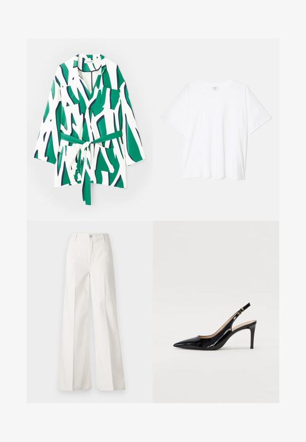 Košulja s dugim rukavima, apstraktni zeleni i mornarski uzorak na bijeloj pozadini, uključuje kaiš za struk i dva džepa na prsima.; Bijela pamučna majica s kratkim rukavima, okruglim izrezom, opuštenim krojem i šivenim rubom. Etiketa je vidljiva na unutarnjoj strani vrata.; Bijele široke hlače izrađene od pamuka s glatkom teksturom. Imaju prednji gumb, patentni zatvarač i dizajn s četiri džepa.; Crne lakirane slingback cipele s oštrim vrhom, uskim potpeticama i suptilnim izrezom. Sadrže zlatnu kopču na traku.