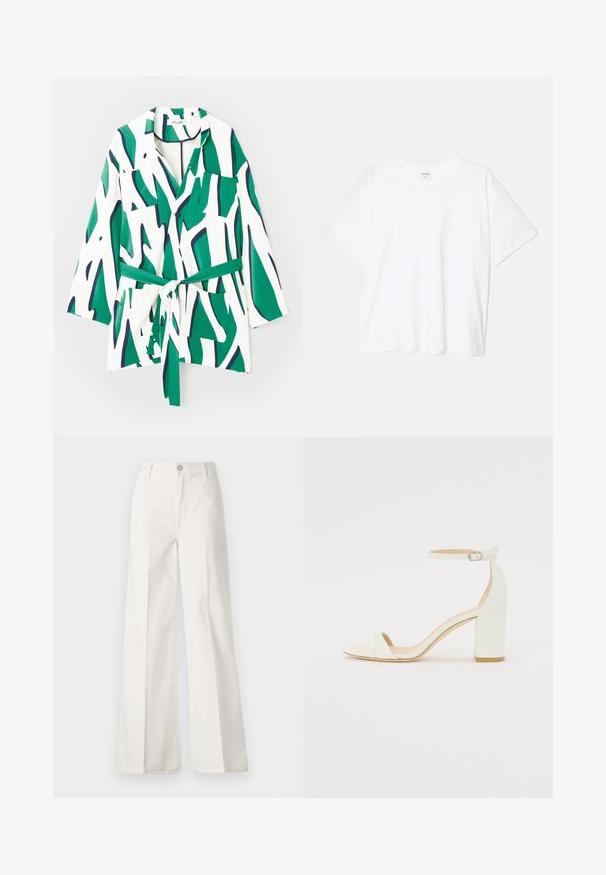 Camisa abotoada com mangas longas, padrão abstrato em verde e azul-marinho sobre um fundo branco, inclui um laço na cintura e dois bolsos no peito.; T-shirt de algodão branco com mangas curtas, decote redondo, corte descontraído e bainha cosida. Etiqueta visível no interior do pescoço.; Calças largas brancas feitas de algodão com uma textura suave. Apresenta um botão frontal, fecho de correr e um design de quatro bolsos.; Sandal de bloco em pele branca, apresentando uma correia no tornozelo com fivela e um design minimalista. Com biqueira aberta e texturas suaves ao longo de toda a peça.