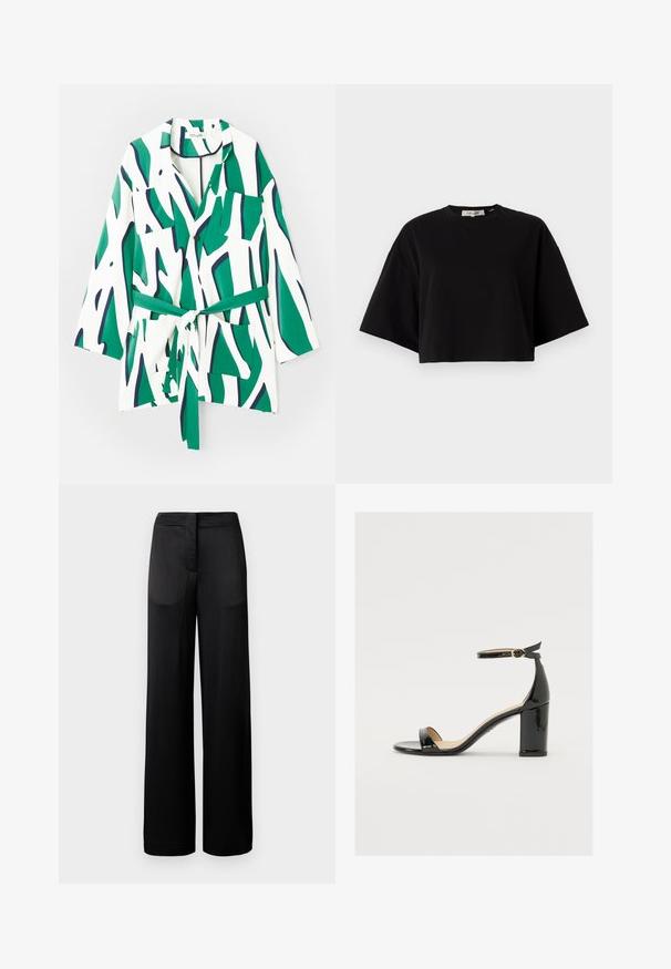 Pikkade varrukatega särk, millel on abstraktne roheline ja tumsinine muster valgel taustal, sisaldab vöökohta ja kahte rinna-taskut.; Must musta lühike T-särk, mis on valmistatud puuvillast, ümmarguse kaelusega ja lühikeste, laia lõikega varrukatega, mis tagavad vabalt voolava istuvuse. Sile tekstuur, lihtne disain.; Laiad mustad püksid tekstureeritud pinnaga, millel on lame vöökoht ja kaks kül pocketit. Kangas näib kergena ja voolavana.; Must musta nahk sandaalid laia kanna, avatud varvaste ja ankletihaga, millel on kuldne pandla. Sile tekstuur ja elegantne disain.