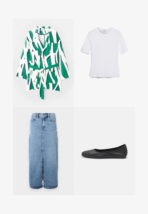 Ilgomis rankovėmis marškiniai su užsegimu, abstraktus žalias ir tamsiai mėlynas raštas ant baltos fono, su juosmens diržu ir dviem krūtinės kišenėmis.; Balta trumpa rankovėmis marškinėliai, pagaminti iš pasiruošusio audinio. Apvali iškirptė, reguliari tinkamumas ir subtilūs siuvimo detalės. Be raštų ar grafikos.; Šviesiai mėlynas džinsinis ilgas sijonas su priekiu skyriumi, mygtukų uždarymu ir penkiais kišenėmis. Ypatinasi klasikiniais siuvinėjimais ir tiesiu kirpimu.; Juodai odiniai baletai su apvaliu pirštu, lygi texture, minimalus siuvimo detales ir lanksčiu padų dizainu.