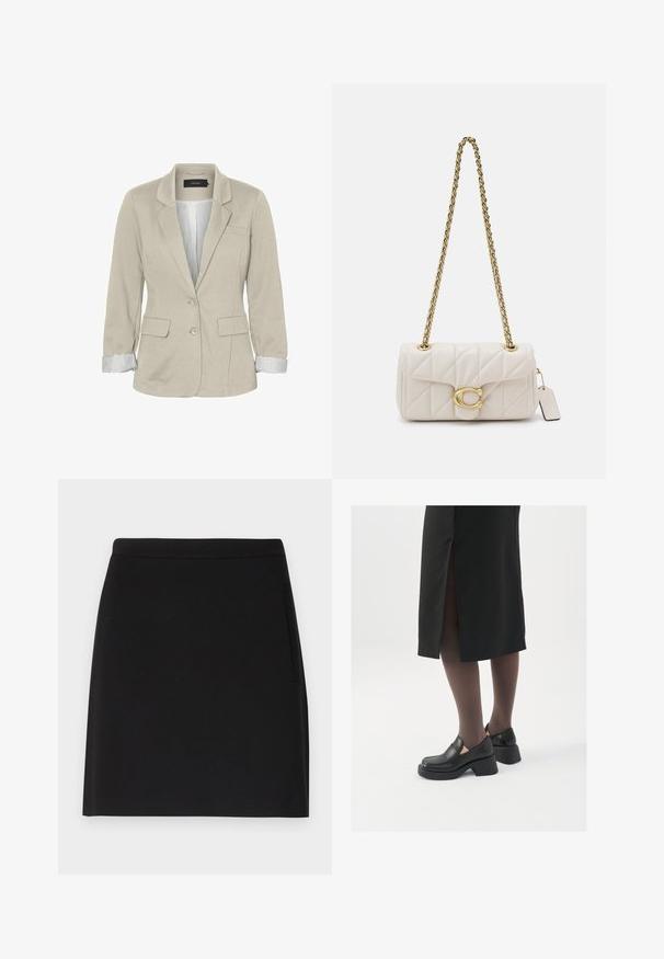 Vero Moda Kratka jakna - oatmeal; Bijela majica bez rukava napravljena od rebraste tkanine, s okruglim izrezom i uklapajućim siluetom, s minimalnim šavovima i bez ukrasa.; Crna suknja jednostavnog dizajna, sa glatkom teksturom i uskim pojasom. Ima bočnu džep za dodatnu funkcionalnost.; Crne kožne cipele s zaobljenim vrhom, debelim blok petama i elastičnim bočnim detaljima, uparene s tamnim čarapama i crnom suknjom s prorezom.; Kvadrični bijeli kožni rukavac s zlatnim lancem, s zlatnom kopčom i odvojivim oznakom. Kompaktni pravokutni oblik.