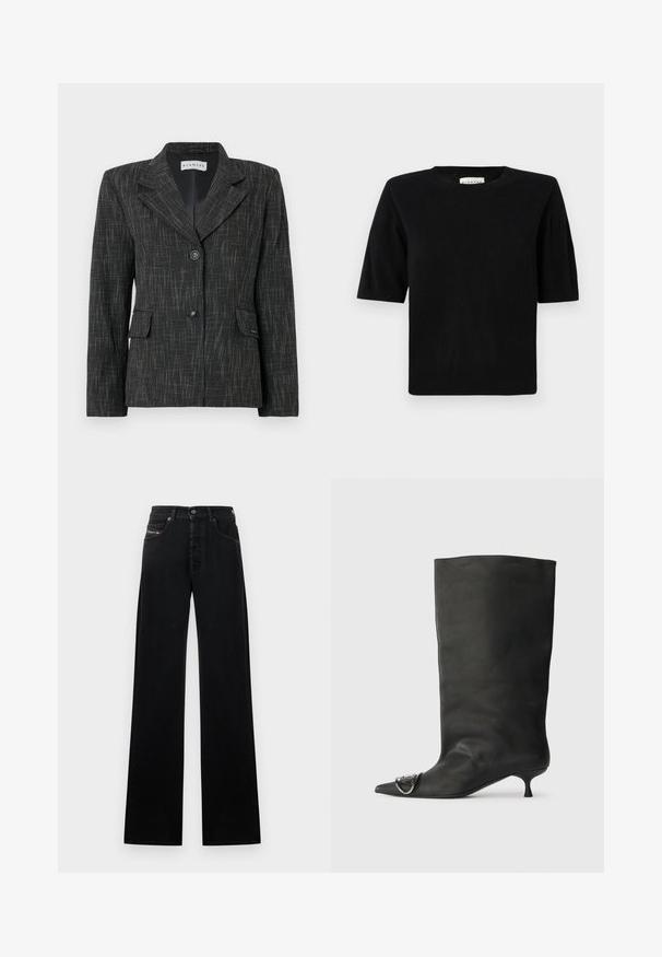 Fekete blézer texturált mintával, egysoros kivitel, kivágott hajtókákkal, két elülső zsebbel és két gombbal a záráshoz.; Fekete, rövid ujjú kötött felső kerek nyakkivágással és bordázott mandzsettával. Lazán, boxy fazonú és puha tapintású. Címke látható belül.; Fekete, széles szárú farmernadrág, gombos elülső záródással, öt zsebbel és egy kis logófolttal a derékrészen.; Fekete bőr bokacsizma hegyes orral, kis sarokkal és fémes díszítéssel az orrán. Az egész felületen sima, matt textúra.