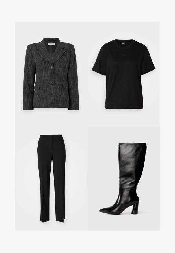 Blazer preto com um padrão texturizado, design de um só botão, lapelas com recorte, dois bolsos frontais e dois botões para fecho.; T-shirt de algodão preto com decote redondo, mangas curtas e um logótipo bordado no peito. Corte simples e descontraído, sem padrões.; Calças pretas de corte ajustado com um design de perna reta, apresentando uma textura lisa e pregas bem definidas na frente. Sem hardware visível.; Bota de couro preta até o joelho com bico fino, textura lisa e salto robusto. Possui um fecho de zíper na parte traseira.