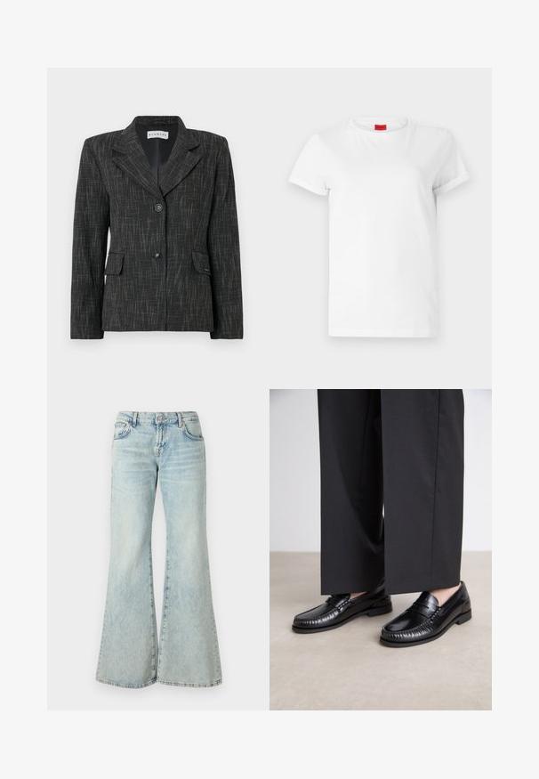 Fekete blézer texturált mintával, egysoros kivitel, kivágott hajtókákkal, két elülső zsebbel és két gombbal a záráshoz.; Fehér, rövid ujjú póló, könnyű pamutból készült. Kerek nyakkivágással és felgöngyölt ujjakra rendelkezik. Piros logós címke a galléron.; Világoskék, trapéz szabású farmernadrág, magas derékkal, zsebekkel és fonott szegéllyel. Az anyag kifakult mosást és finom textúrát mutat.; Fekete bőr loaferek sima felülettel, varrott részletekkel az orrnál és alacsony gumitalppal. Széles fekete nadrággal párosítva.