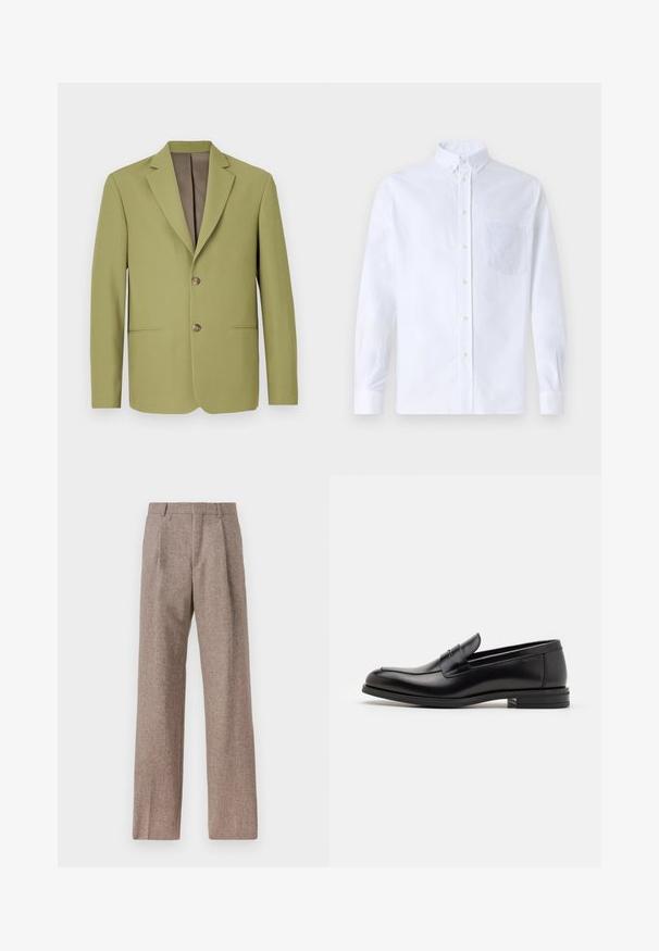 Olive green blazer with a structured design, notch lapels, two front pockets, and a brown interior lining. Features two-button closure.; White long-sleeve button-up shirt made of cotton, featuring a chest pocket with tonal embroidery, a collar, and button cuffs.; Brown, high-waisted trousers made of textured fabric. Features wide legs and two front pleats for structure. Neat finish with no visible hardware.; Black leather loafers with a smooth texture, rounded toe, and a decorative strap across the vamp. Low stacked heel, minimalist design.