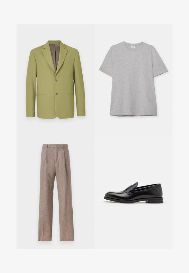 Oliven grøn blazer med et struktureret design, klapkrave, to forlommer og en brun indvendig foring. Har en to-knaps lukning.; Grå kortærmet T-shirt lavet af blødt, struktureret stof. Har en klassisk rund hals og en lige kant, velegnet til afslappet brug.; Brune, højtaljede bukser lavet af tekstureret stof. Har brede ben og to frontfoldninger for struktur. Pæn finish uden synlig hardware.; Sorte læderloafers med en glat overflade, rund tå og en dekorativ strop over vampen. Lav hæl med stabeldesign, minimalistisk stil.