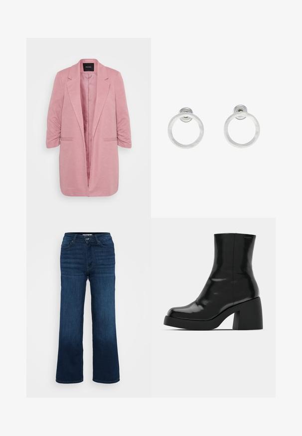 Gaiši rozā žakete ar strukturētu dizainu, teksturētu audumu, iegrieztām atlokām un trīs ceturtdaļu piedurknēm. Satur divas priekšējās kabatas un atvērtu priekšpusi.; Even&Odd Petite 2 PACK - Tops - light grey/black; ONLY Petite ONLMADISON BLUSH WIDE - Džinsi ar platām starām - dark blue denim; Melnas potītes zābaku ar spīdīgu apdari, kvadrātveida pirkstu un biezu bloku papēdi. Dizainā ir bezšuvju siluets un minimāla zīmola identitāte.; Sudraba metāla gredzenveida auskari ar matētu faktūru, ar apaļu dizainu un caurspīdīgu aizdari, lai nodrošinātu drošu valkāšanu.