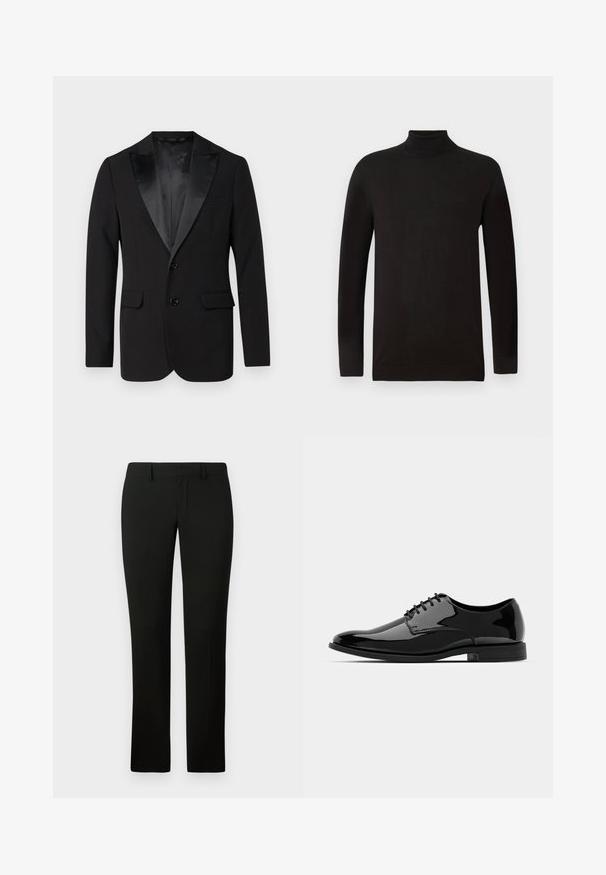 Mustas smokkkate, mis on valmistatud siledast kangast, satinist sisenurgaga krae, kaks esist tõmblukku ja kaks küljetaskut. Klassikaline kohandatud sobivus.; Must turtleneck-sviiter pehmest kudumist. Omab pikki varrukaid ja liibuvat disaini, millel on soonikoes krae ja äär. Minimalistlik brändimine.; Mustad püksid kohandatud lõikega, sileda tekstuuri ja sirge säärega disainiga. Vöökoht on varustatud vöörihmadega ja puhta viimistlusega.; Mustan läikiva nahast kleitking, millel on ümar varvas, nööridega disain ja sile, läikiv pind. Omab madalat kummitalda.