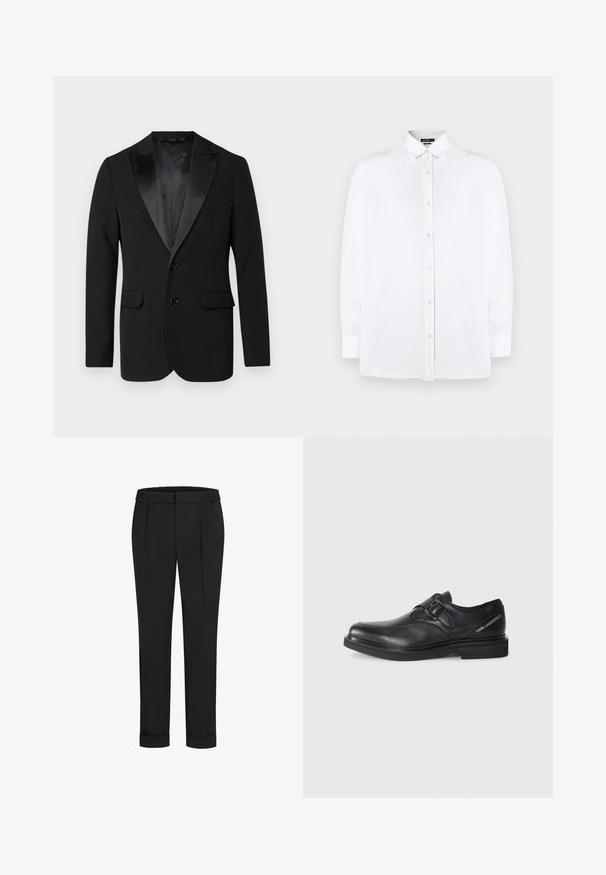 Fekete szmoking zakó sima anyagból, selyem événél kivágott gallérral, két elülső gombbal és dupla oldalsó zsebbel. Klasszikus szabású.; Fehér, hosszú ujjú gombos ing klasszikus gallérral, egyenes szabású és diszkrét textúrájú, gyöngygombokkal az elején.; Fekete nadrág, elasztikus derékpánttal, egyenes szárú kivitelben és felhajtott szárakkal. Simább, szőtt anyagból készült, minták nélkül.; Fekete bőrcipő lekerekített orral, egyetlen csat részlettel és lapos gumitalppal. Az oldalon, a sarkához közel található a márkajelzés.