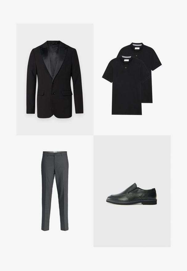 Juodas smokingas, pagamintas iš lygaus audinio, su satino apykakle, dviem priekiniais mygtukais ir dviem šoniniais kišenėmis. Klasikinis pritaikytas siluetas.; Du žaidimų juodos polo marškiniai, trumpomis rankovėmis, pagaminti iš medvilnės, su klasikinėmis apykaklėmis, dviem mygtukais priekyje ir baltais dryžiais apykaklės viduje.; Pilki aptempti kelniukai su tiesiu kirpimu, pagaminti iš lygaus audinio. Yra sagčių užsegimas ir dvi priekinių kišenių.; Juodai odiniai įtvirtinimo batai su lygiu paviršiumi, siuvinėjimo akcentais, apvalia nosimi ir žemu guminiu kulnu. Pado raštas minimalus.