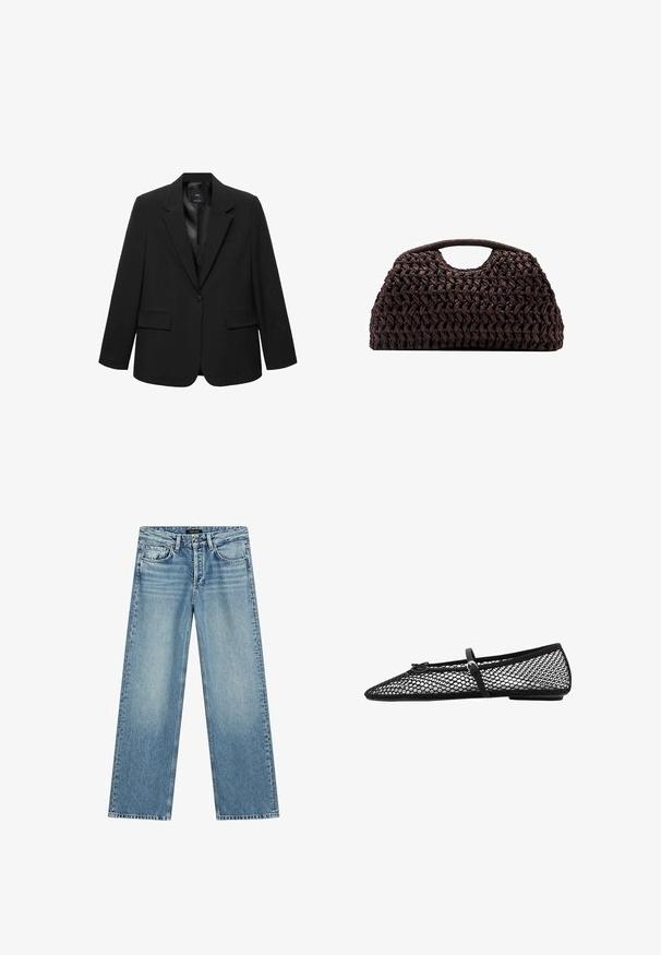 Zwarte blazer met een slank design, enkele knoopsluiting, notch revers, twee voorkwesten en een gladde binnenvoering. Tailored fit.; Lange mouwen, gehoogde wikkelblouse in beige met een bruine tijgerprint; heeft een gestrikt taille en een zachte, doorschijnende textuur.; Lichtblauwe wijde spijkerbroek gemaakt van denim. Voorzien van vijf zakken, een knoopsluiting en subtiele vervagingen, wat zorgt voor een gestructureerde uitstraling.; Zwarte mesh balletflat met spitse neus, een decoratieve band en subtiele accenten. Heeft een open-net ontwerp en een platte zool.; Geweven bruin handtas met een ronde silhouet, voorzien van een bovenhandvat en een gestructureerde oppervlakte. Compact ontwerp met een platte basis voor stabiliteit.