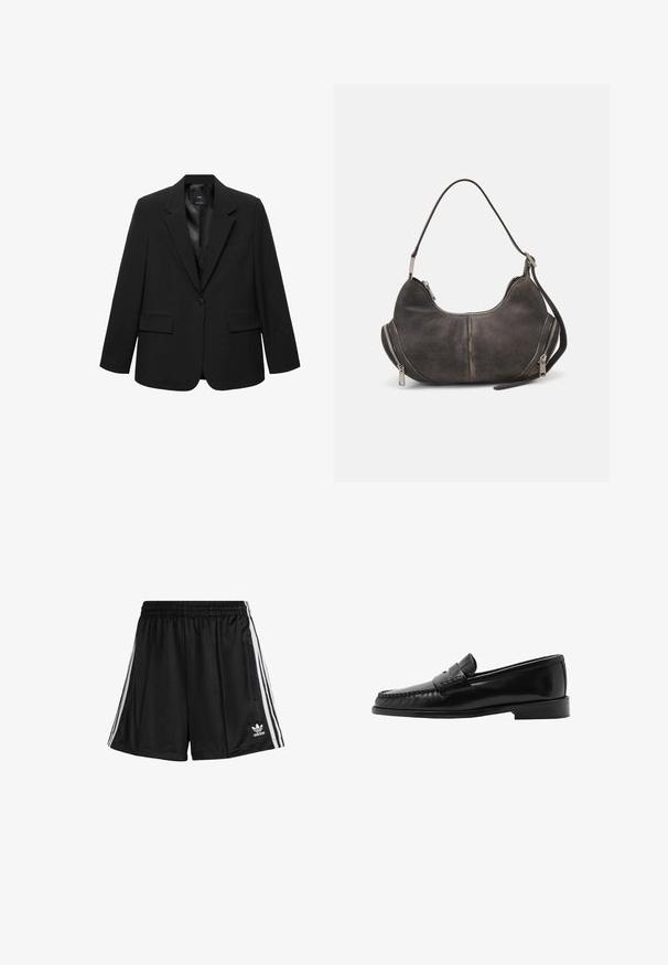 Black blazer with a sleek design, single button closure, notch lapels, two front pockets, and a smooth inner lining. Tailored fit.; Black cotton t-shirt with short sleeves, round neckline, and a relaxed fit. Plain design without patterns or embellishments.; Black athletic shorts with an elastic waistband, featuring white side stripes and a zippered pocket on the right side. Adidas logo on the lower left.; Black leather loafer with a curved silhouette, decorative strap, textured stitching, and a flat rubber sole. Smooth finish and sleek design.; Hobo bag in dark gray suede with curved shape, top handle, and side zippers with metal pulls. Smooth texture and visible stitching details.