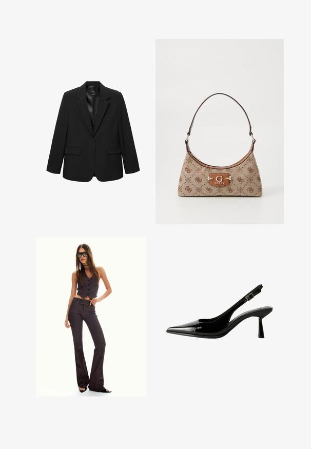Črn blejzer s sleek dizajnom, enojnim gumbom za zapiranje, ovratnikom s oblikovano odrezanim robom, dvema sprednjima žepoma in gladko notranjo podlogo. Prilagojen kroj.; Bela dolga majica z rokavi in čolničastim izrezom. Narejena iz mehkega materiala, ima razširjene rokave in ravno robno obdelavo, kar ponuja preprost in vsestranski dizajn.; Rjav prugast brezrokavnik in široke hlače, ki sta okrašeni z gumbi in teksturirano tkanino. Črne sandale z odprtimi prsti in oversize sončna očala.; Črne lakirane slingback čevlje s koničastim nosom, izrezanimi stranicami, nastavljivim gležnjarjem in tankim, elegantnim peto.; Torba iz bež tkanine z rjavimi vzorčenimi detajli. Ima ukrivljeno obliko, en sam ročaj in spredaj logotipno ploščico s srebrnim okovjem.