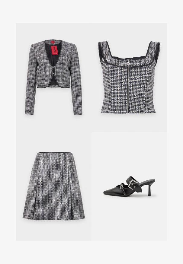 Izgriezta jaka izgatavota no austiem tumši zilas un baltas krāsas audumiem. Ar noapaļotu apkakli, āķa aizdari priekšā un garām piedurknēm. Ietver etiķeti.; Jūras spēku un baltā auduma kokvilnas tops ar kvadrātveida dekoltē, bez piedurknēm un priekšējo rāvējslēdzēju ar zīmola vilkšanas cilpu.; Jūras spēku zilas krāsas auduma svārki ar teksturētu rakstu, paplatināta silueta un plisējumiem. Jostas daļa ir melna, izceļot svārku dizainu.; Melnas augstpapēžu mūles ar norādītu purngalu, izgatavotas no gludas ādas. Iekļauj plašu potītes siksnu ar kvadrātveida sudraba sprādzi un kniedēm.