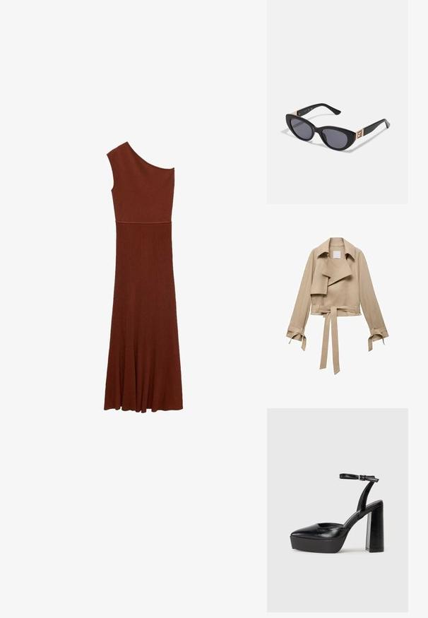 Mango Blazer - sand; Asymmetrical brown ribbed dress with one shoulder design; fitted bodice flares into a wide skirt. Smooth texture throughout.; Black platform heels with a pointed toe and adjustable ankle strap. Constructed from smooth leather, featuring a chunky block heel.; Guess Sunglasses - shiny black; Black leather hobo bag with a smooth texture, curved shape, and single adjustable strap; features a wide opening at the top.