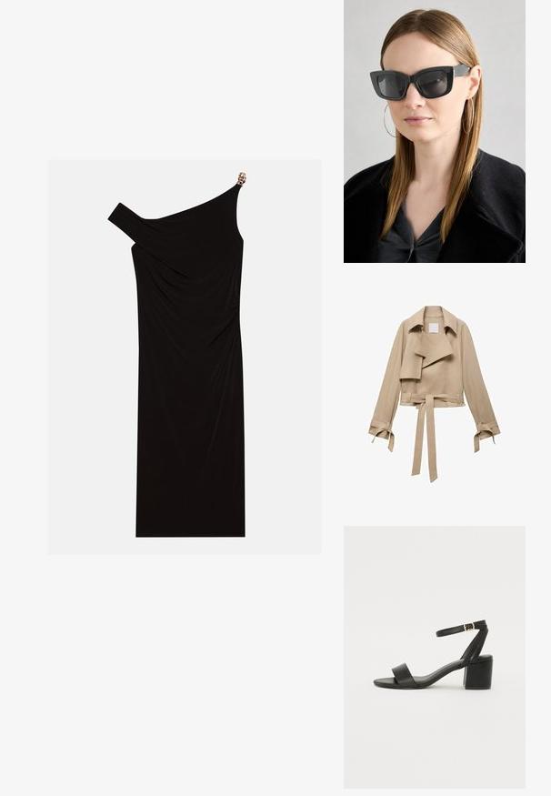 Mango Blejzer - sand; Čierne šaty s jedným ramienkom vyrobené z drapériového materiálu, s zlatým akcentom na ramene, hladkou textúrou a dĺžkou po kolená.; Čierne sandále na podpätku so hladkým koženým vrchom, otvorenou špičkou, širokými prednými prúžkami a nastaviteľným členkovým popruhom so zlatým prackom.; Čierne mačacie slnečné okuliare s tmavými sklami, hrubými obručami a jemnými detailami. Nosí sa s čiernym kabátom a sivým topom, pričom má dlhé rovné vlasy.