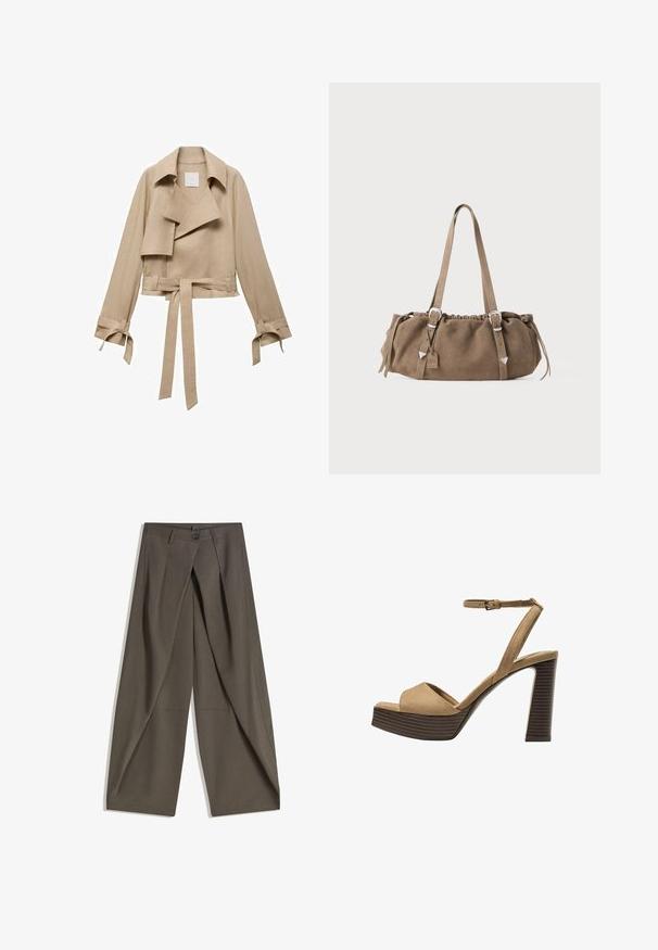 Mango Blazer - sand; Mørkebrun langærmet trøje med rund hals, let cropped pasform og enkel, sømløs design.; Vide bukser lavet af et struktureret, mørkegråt stof. Har en frontfald, knaplukning og sidelommer for praktisk anvendelse.; Beige ruskinds højhælede sandaler med en bred foranrem og ankelrem, der har en kraftig træblokhæls struktur.; Brun ruskinds håndtaske med en samlet top, sølv hardware elementer og to skulderremme. Har en rektangulær form og et minimalistisk design.