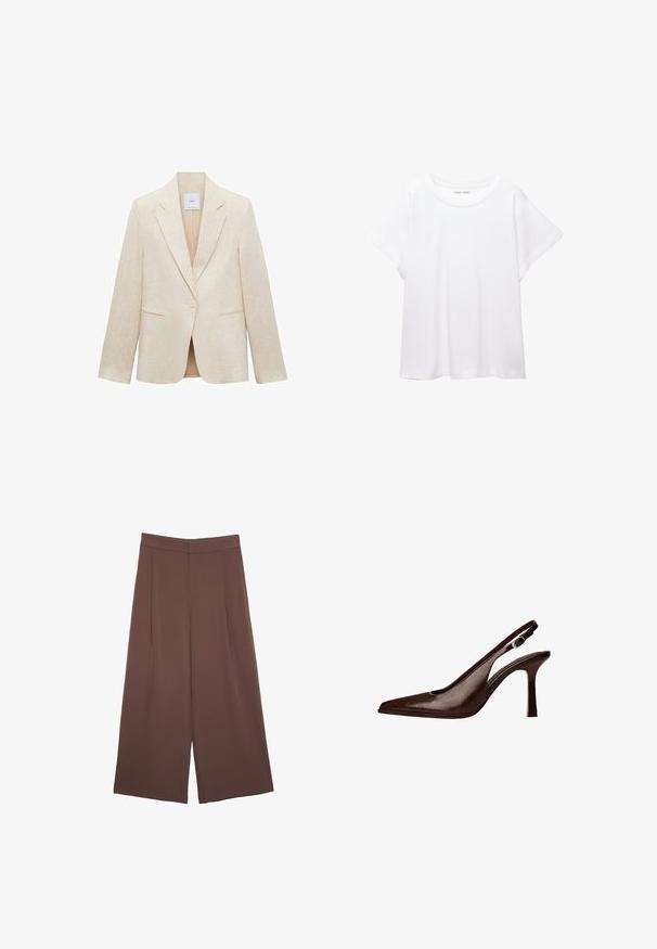 Svetlobežový blejzer vyrobený z ľanu, s klopovým golierom, jedným gombíkom na zapínanie, dvoma prednými vreckami a strihom na mieru.; Biele tričko vyrobené z mäkkého, ľahkého materiálu. Má okrúhly výstrih a krátke, široké rukávy s uvoľneným strihom. Bez viditeľných vzorov.; Hnedé nohavice so širokými nohavicami a hladkou textúrou, s vysokým pásom a prednými skladmi. Tkanina je ľahká a voľne sa pohybuje.; Hnedé kožené slingback lodičky s špicatou špičkou a tenkým podpätkom. Obsahujú malú ozdobnú pracku na remienku a lesklý povrch.
