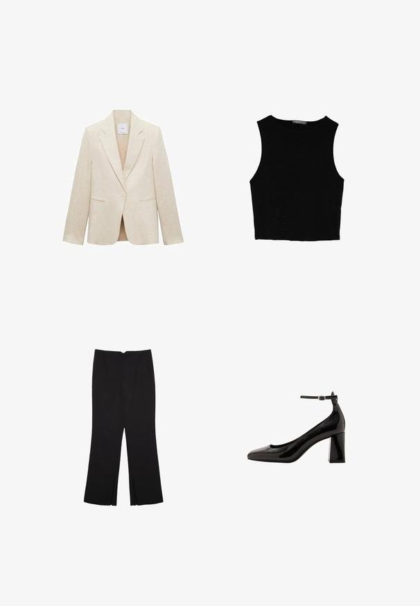 Svetlo bež blazer iz lanenega materiala, z ovratnikom v obliki izreza, zapiranjem na en gumb, dvema sprednjima žepoma in prilegnjenim krojem.; Črn brez rokavov crop top, izdelan iz gladkega materiala, z okroglim izrezom in čistim, preprostim dizajnom brez vzorcev ali dodatkov.; Črne hlače ravnega kroja z naglavnimi žepi in stranskimi razporki na robu. Narejene iz mehke, gladke tkanine. Primerne za različne priložnosti.; Črne lakaste čevlje z ankel trakom, sijajne površine, s koničastim nosom in debelim blok peto. Gladka tekstura, minimalni detajli.