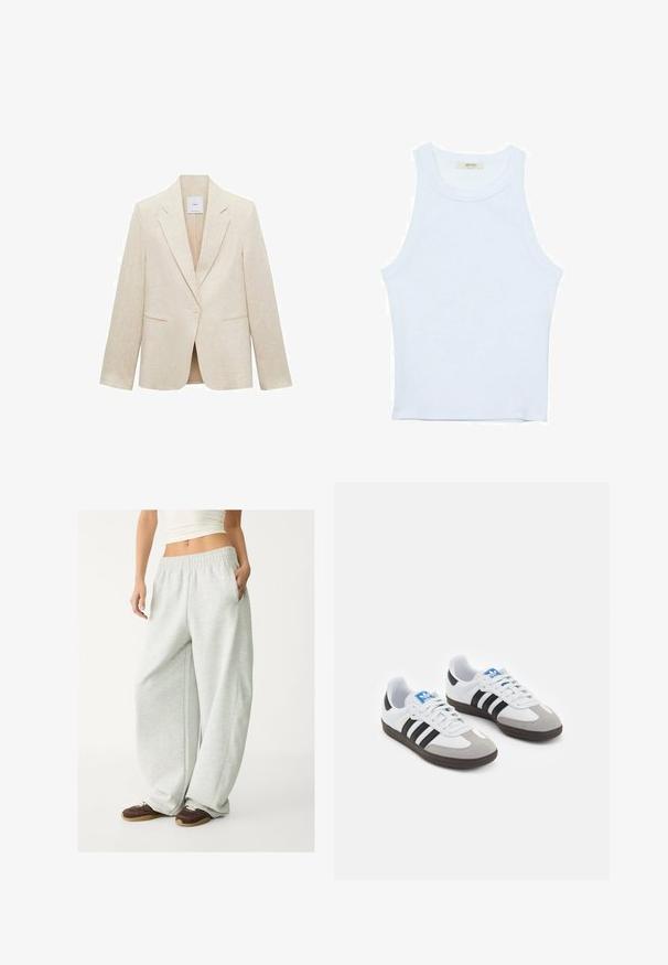 Svetlo bež blazer iz lanenega materiala, z ovratnikom v obliki izreza, zapiranjem na en gumb, dvema sprednjima žepoma in prilegnjenim krojem.; Bela majica bez rukavov, rebrasta tekstura, okrugli izrez, kroj koji prati tijelo, suptilno brendiranje na etiketi unutar ovratnika.; Svetlo sivi trenirke z elastičnim pasom, stranskimi žepi in ohlapnim krojem. Narejene iz mehke, strukturirane tkanine; vsebujejo subtilne šive.; Športni čevlji z belim usnjenim zgornjim delom, sivim semišem na prstih in tremi črnimi črtami. Imajo modro logo na jeziku in teksturiran gumijast podplat.