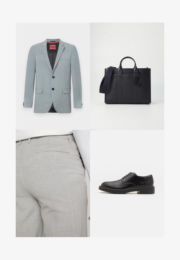 Light grey blazer made of textured fabric, featuring a black lining, two front pockets, notch lapels, and black buttons. Red label inside.; Black turtleneck sweater made of soft material, featuring long sleeves and a snug fit. Ribbed trim at the hem and cuffs. Simple design.; Light gray tailored trousers made of textured fabric, featuring a single back pocket and clean stitching.; Black leather lace-up shoe with a rounded toe, smooth texture, minimal stitching, and a low rubber heel. Logo on the heel.; Dark navy leather briefcase with dual top handles and a detachable strap. Features textured finish, vertical stitching, and logo detail.