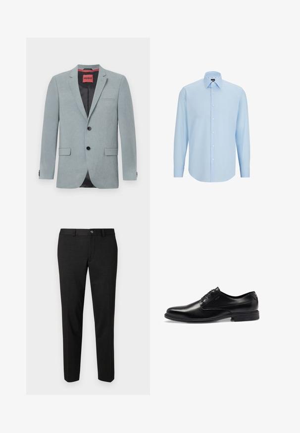 Light grey blazer made of textured fabric, featuring a black lining, two front pockets, notch lapels, and black buttons. Red label inside.; Light blue long-sleeve dress shirt made of smooth fabric, featuring a button-down front, pointed collar, and regular fit.; Black trousers made of a smooth fabric. They feature a straight cut, a flat front, and a button closure with a simple waistband design.; Black leather dress shoe with a smooth finish, lace-up design, rounded toe, and subtle stitching details. Features a black rubber sole.