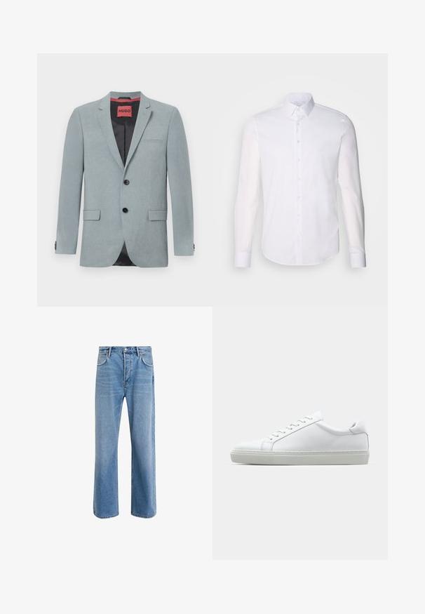 Lichtgrijze blazer van textuurstof, met een zwarte voering, twee voorzakken, notch revers en zwarte knopen. Rode label aan de binnenkant.; Witte lange mouwen overhemd met knopen, gemaakt van katoen, voorzien van een klassieke kraag, voorkant met knopen en minimale stikdetails.; Lichtblauwe denim jeans met een straight-leg ontwerp, vijf zakken, knoopsluiting, minimale vervaging en contrasterende stikseldetails.; Witte sneaker met een gladlederen bovenwerk en een laag profiel. Voorzien van een ronde neus, zes vetergaatjes en een gestructureerde rubberen zool.